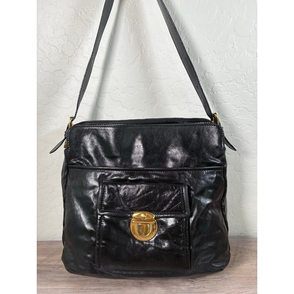 Vintage Marc Jacobs Y2K Black Patent‎ Leather Shoulder Bag Gold Push lock Purse